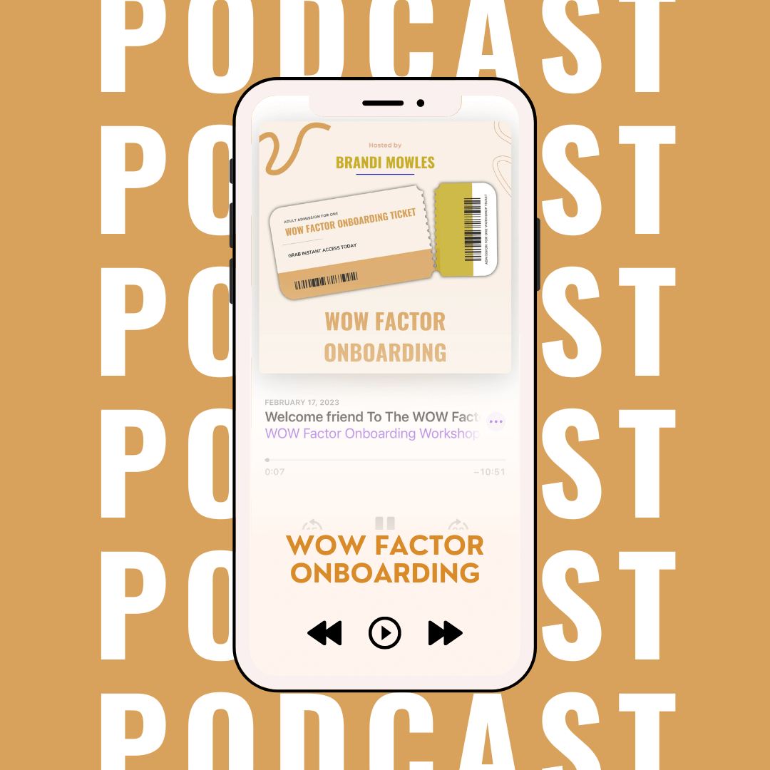 Wow Factor Onboarding Workshop graphic in a private podcast feed phone mockup