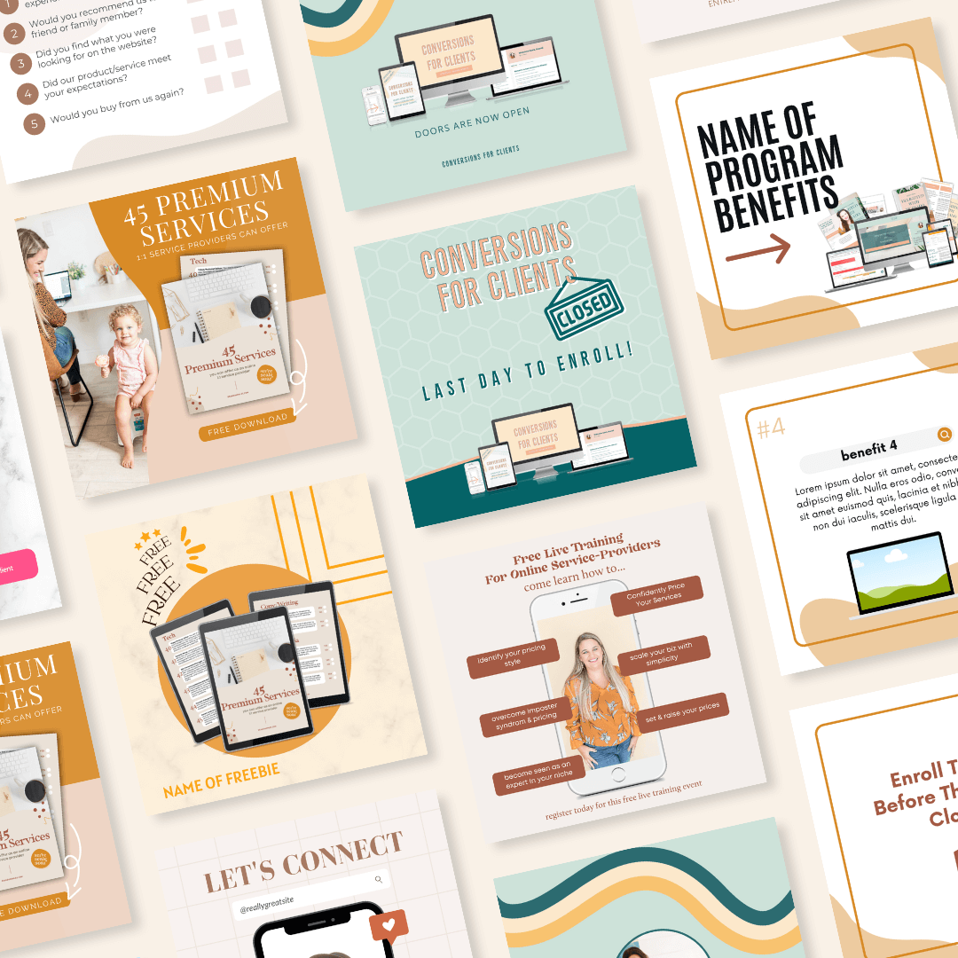 example of different ad graphic templates that come with the 65 canva meta ad graphics pack