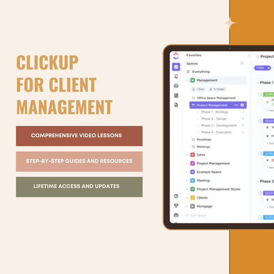 clickup for client management mockup with boxes with benefits