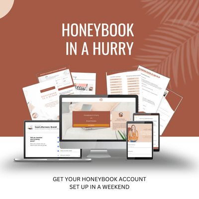 Honeybook In A Hurry Mockup with 4 computer screens and workbook mockups