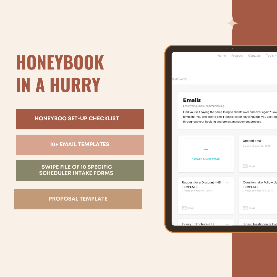 Load image into Gallery viewer, HONEYBOOK IN A HURRY MOCKUP WITH A LIST OF WHAT THE PRODUCT INCLUDES
