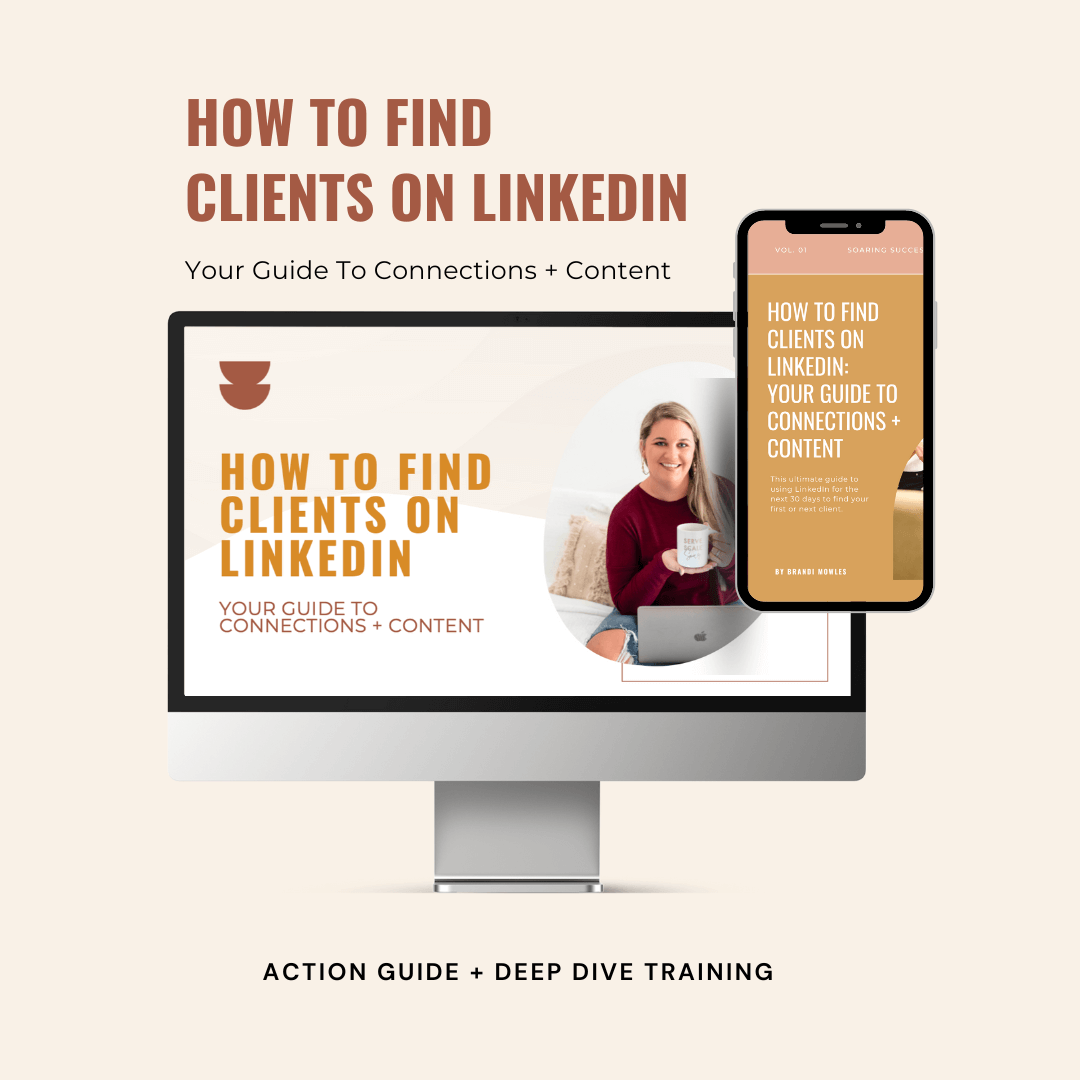 a computer and a phone with how to find clients on linkedin slides and workbooks